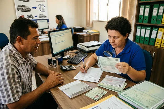 Profissionais revisando documentação para transferência de veículo em Rondonópolis.